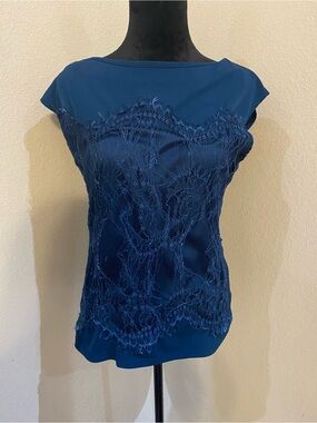 New York & Company Navy Lace-Front Cap Sleeve Top